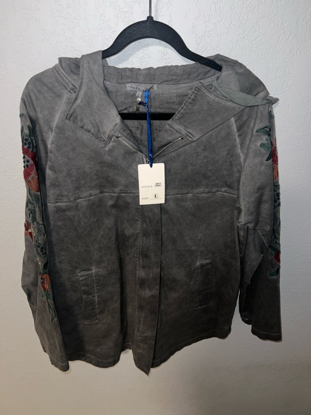 Tempo Paris Gray Hooded Utility Jacket with Embroidered Sleeves